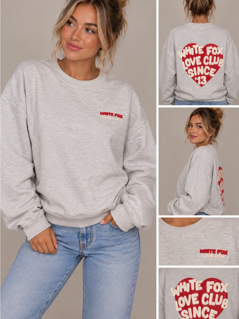 White Fox Boutique Grey Crewneck Sweatshirt with Red Graphic